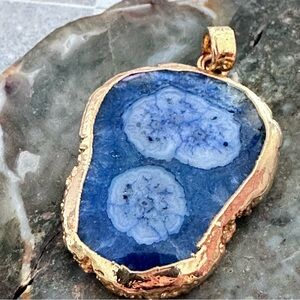 Hand Crafted Gold-Edged Blue Agate Pendant Necklace - Women Jewelry